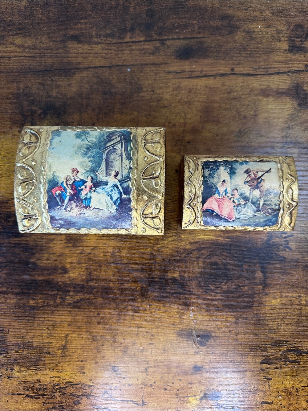 Vtg Italian Florentine Gold Gilt Wood Jewelry Trinket Box Lot of 2 Courting